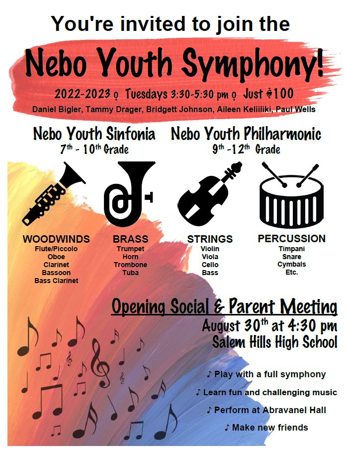 Nebo Youth Symphony parent meeting August 30th, 4:30 pm, Salem Hills High School