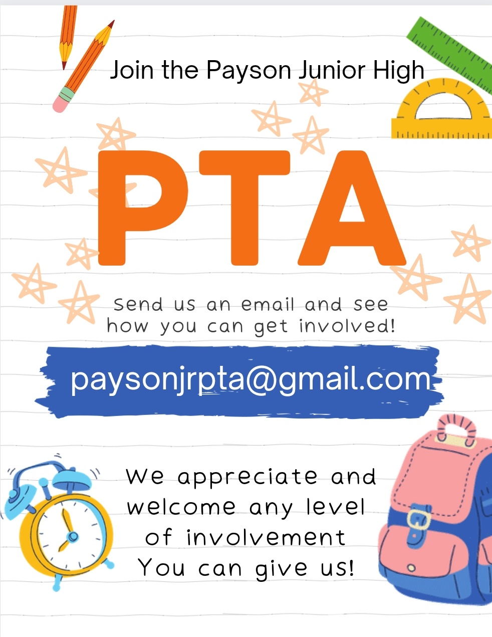 Join the PJHS PTA. Email paysonjrpta@gmail.com for information. 
