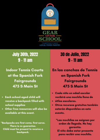 Gear Up For School Event, July 30th, Indoor Tennis Courts at Spanish Fork Fairgrounds, Backpack and school supplies giveaway for school-age children