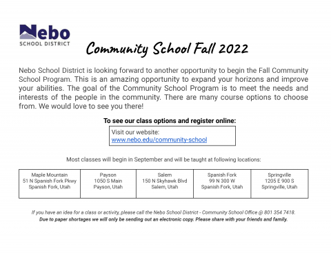 Fall community school program begins soon. To see class options and register online visit www.nebo.edu/community-school