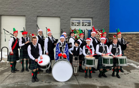 Pipe Band Students at Shop with a Cop